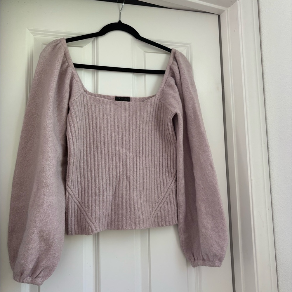 Halogen Dusty Lavender Off-the-Shoulder Ribbed Puff Sleeve Sweater
